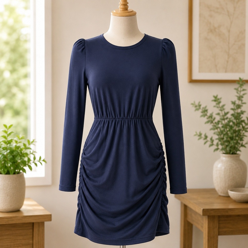 Sundry Navy Blue Ruched Long Sleeve Mini Dress Slub Jersey Size 0 NEW